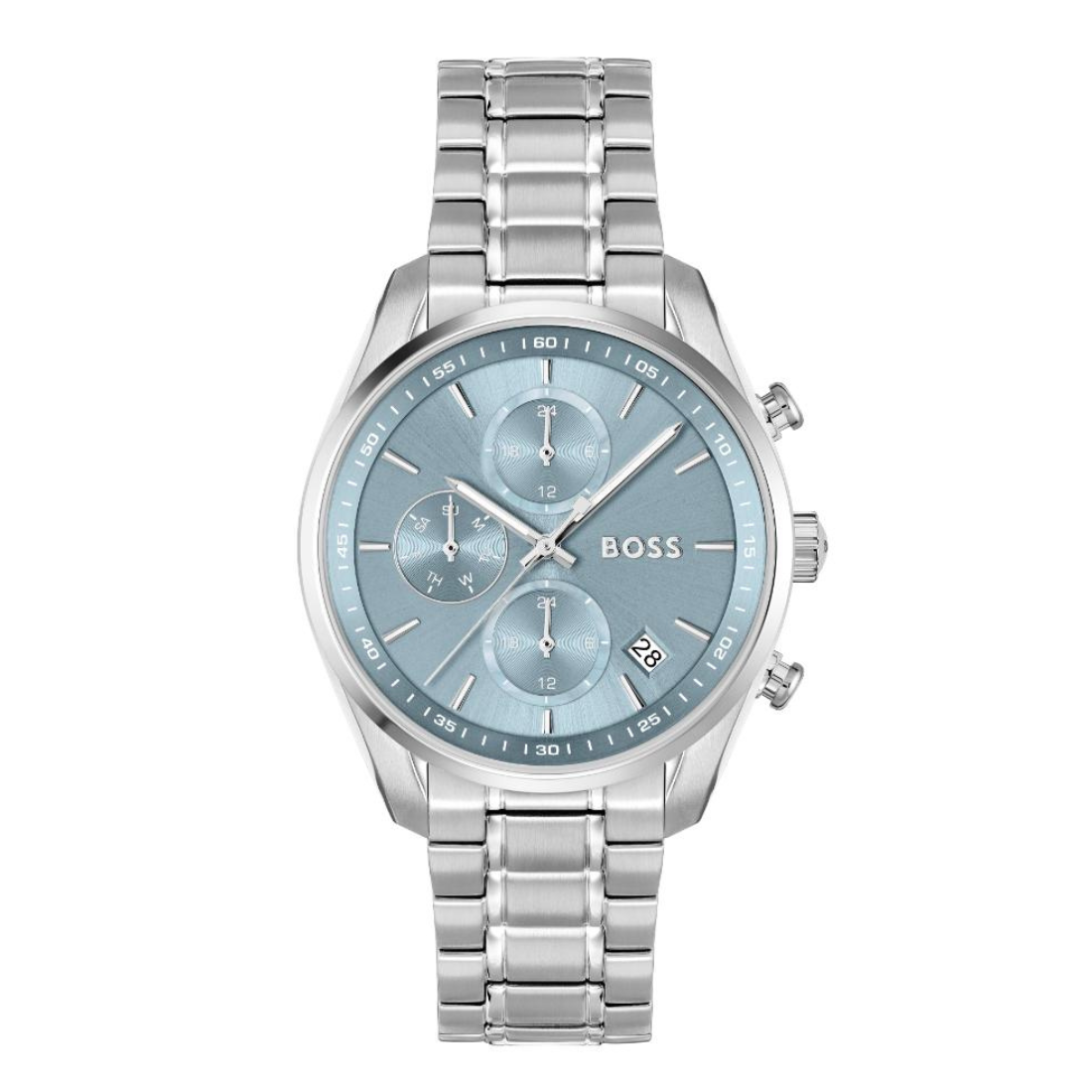 A BOSS men's stainless steel watch with a light blue dial and matching blue sub-dials, featuring a silver link bracelet and chronograph pushers.