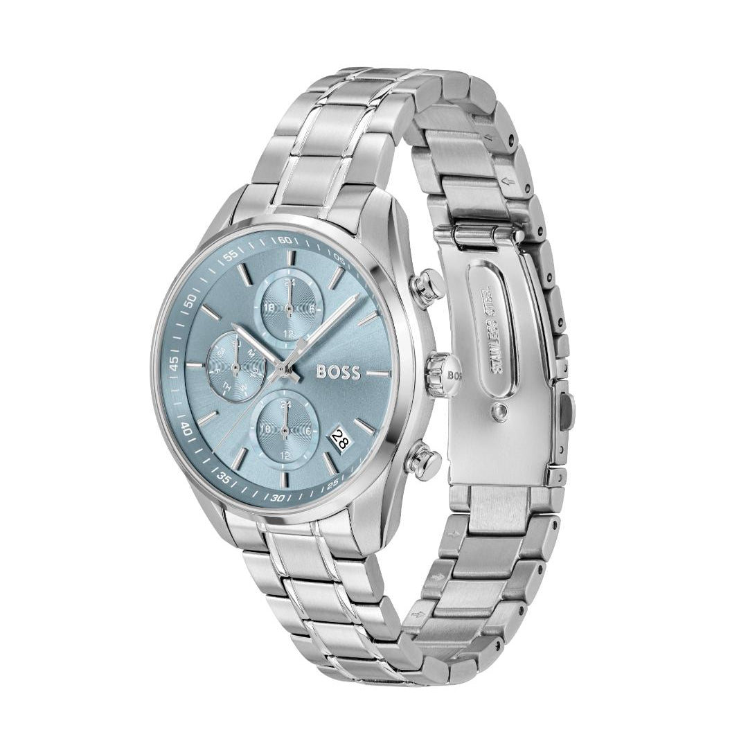 A silver-tone stainless steel watch by Hugo Boss with a light blue dial and matching blue sub-dials, shown on a plain white background.