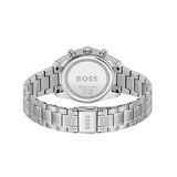 Silver watch with 'BOSS' branding on a white background
