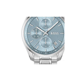A BOSS watch with a light blue dial and a silver stainless steel case and link bracelet, shown against a plain white background.