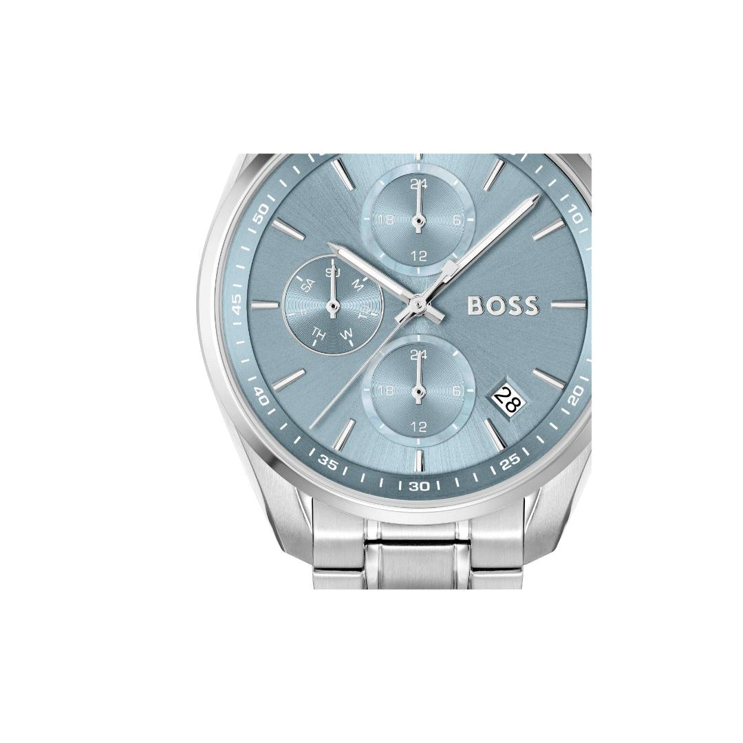 A BOSS watch with a light blue dial and a silver stainless steel case and link bracelet, shown against a plain white background.