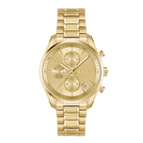 A gold-tone BOSS chronograph watch with a matching metal link bracelet, featuring a multi-dial design and a date window on a clean white background.