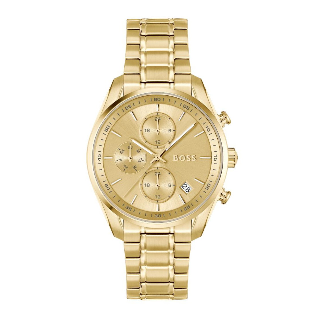 A gold-tone BOSS chronograph watch with a matching metal link bracelet, featuring a multi-dial design and a date window on a clean white background.