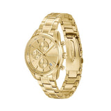 A gold-tone stainless steel analog watch with a multi-dial chronograph face and matching metal link bracelet, shown on a plain white background.