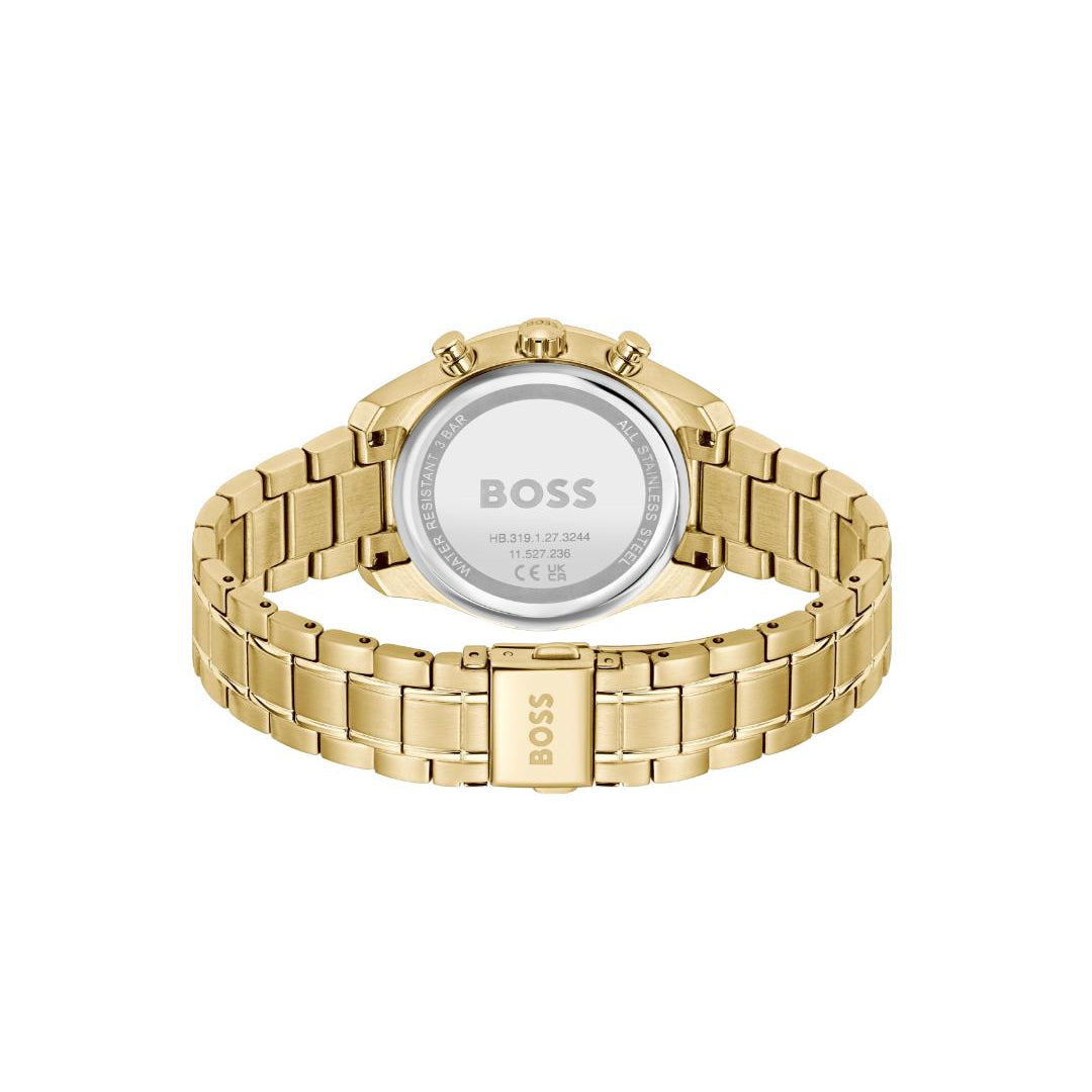 Gold-tone stainless steel watch with a metal link bracelet, shown from the back with the silver-toned case back and BOSS branding visible.