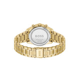 Gold-tone stainless steel watch with a metal link bracelet, shown from the back with the silver-toned case back and BOSS branding visible.