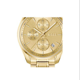 A gold-tone BOSS watch with a matching metal link bracelet, featuring a multi-dial chronograph-style face and a date window, shown on a plain white background.