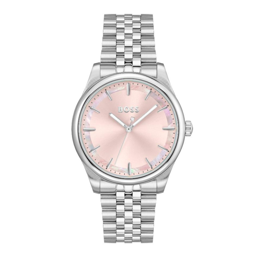 A Hugo Boss women's analog watch featuring a silver stainless steel link bracelet, a silver case, and a soft pink dial with a subtle iridescent shimmer.