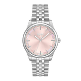 A Hugo Boss women's analog watch featuring a silver stainless steel link bracelet, a silver case, and a soft pink dial with a subtle iridescent shimmer.
