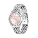 A Hugo Boss women's watch featuring a silver stainless steel link bracelet, a silver case, and a soft pink dial with silver-tone indices.