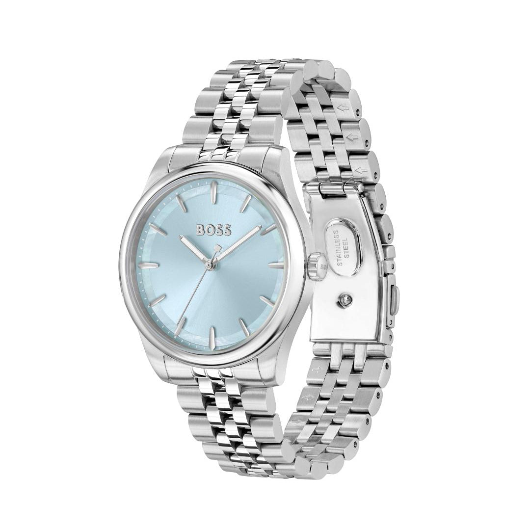 A Hugo Boss women's watch featuring a silver stainless steel link bracelet and a light blue dial, shown against a plain white background.