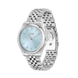 A Hugo Boss women's watch featuring a silver stainless steel link bracelet and a light blue dial, shown against a plain white background.