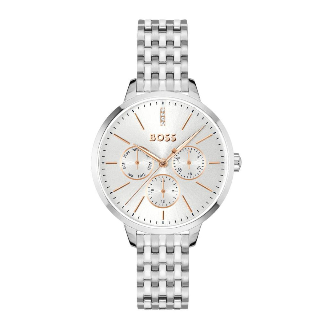 BOSS watch with a silver stainless steel link bracelet, a silver dial, and rose gold accents on the hands and sub-dials, shown against a plain white background.