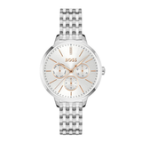 BOSS watch with a silver stainless steel link bracelet, a silver dial, and rose gold accents on the hands and sub-dials, shown against a plain white background.