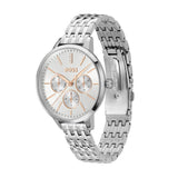 A Hugo Boss women's analog watch with a silver stainless steel link bracelet, a silver case, and a white dial featuring rose gold accents, including the brand name and subdial markers.