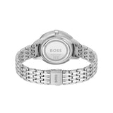 Silver BOSS watch with a metal link bracelet, shown from the back on a white background.