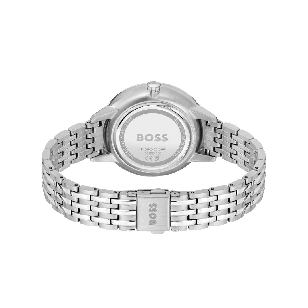 Silver BOSS watch with a metal link bracelet, shown from the back on a white background.