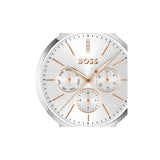 BOSS watch with a silver-toned round case, white dial, and rose gold accents, including the brand name and hands.