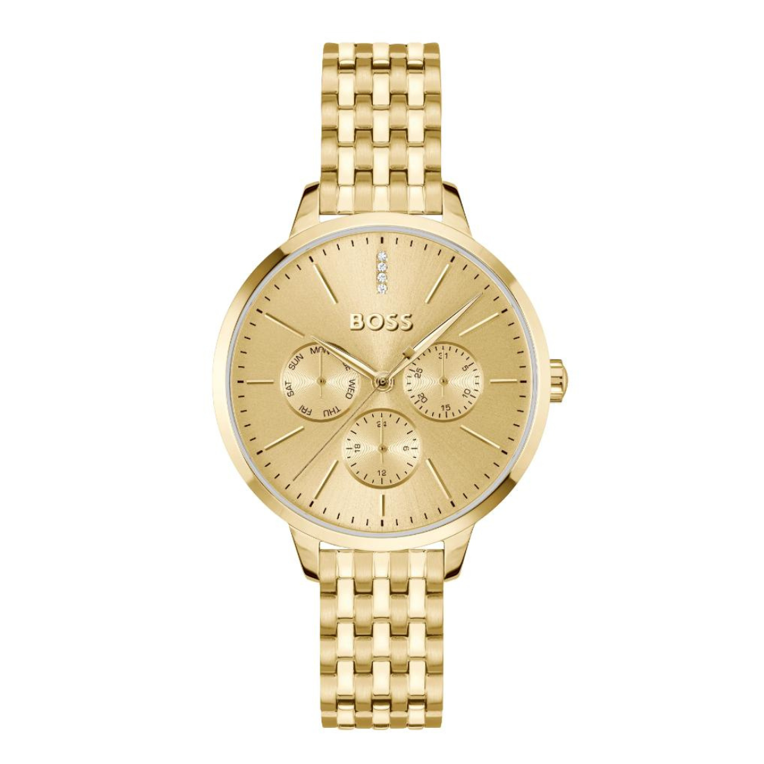 A gold-tone BOSS watch with a matching metal link bracelet, featuring a round dial with three subdials and a date window.