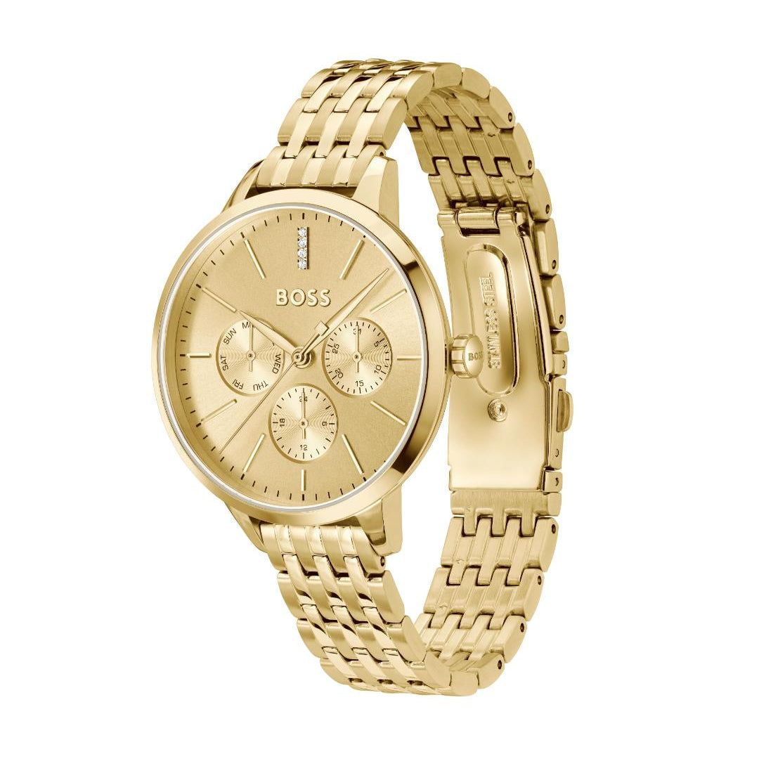 A gold-tone stainless steel analog watch by Hugo Boss, featuring a multi-dial design on a clean white background.