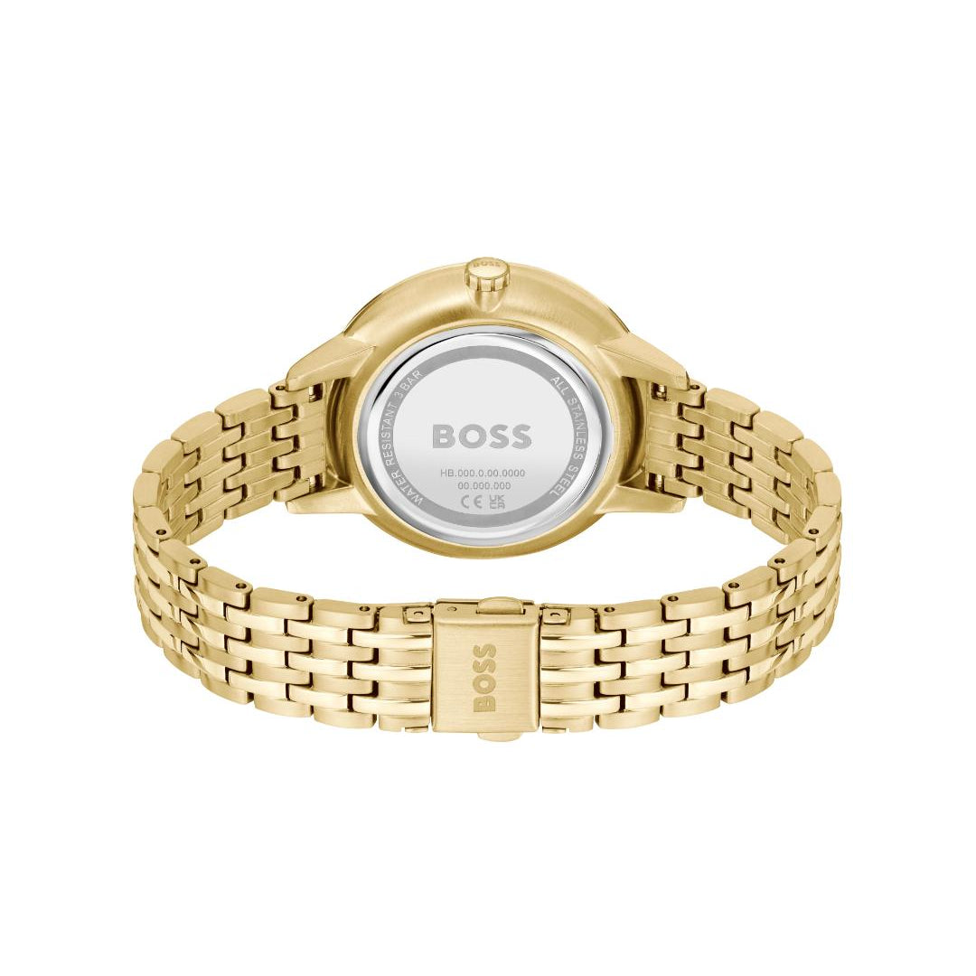 Gold-tone metal link bracelet watch shown from the back, featuring a round case and a silver-toned inner dial with the BOSS logo.