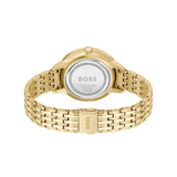 Gold-tone metal link bracelet watch shown from the back, featuring a round case and a silver-toned inner dial with the BOSS logo.