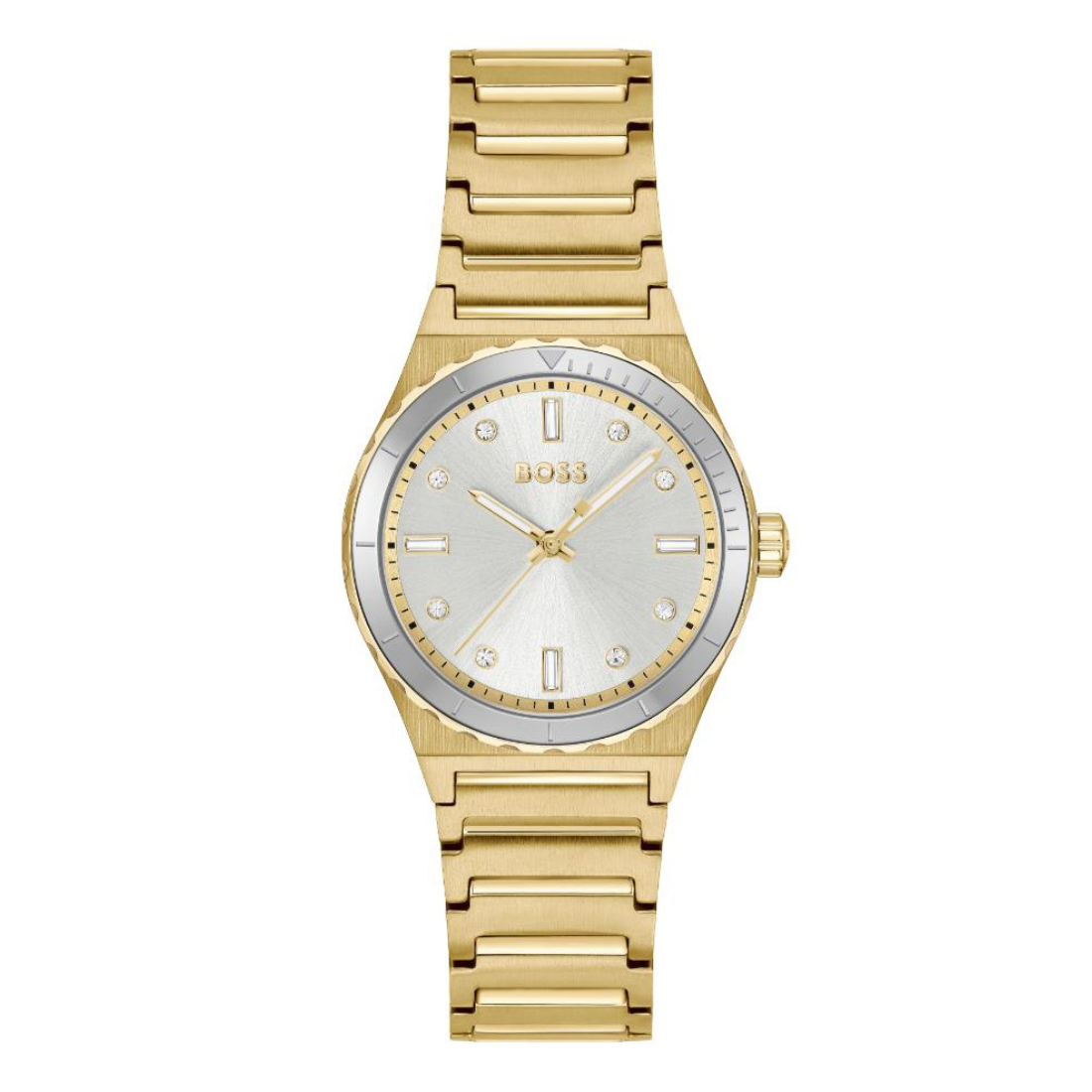 A gold-tone stainless steel women's watch by Hugo Boss, featuring a gold link bracelet, a brushed gold case, and a silver-tone dial with crystal hour markers.