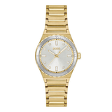A gold-tone stainless steel women's watch by Hugo Boss, featuring a gold link bracelet, a brushed gold case, and a silver-tone dial with crystal hour markers.