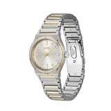 A Hugo Boss women's two-tone metal watch with a silver and gold link bracelet, a silver case, and a white dial with gold accents, shown on a plain white background.
