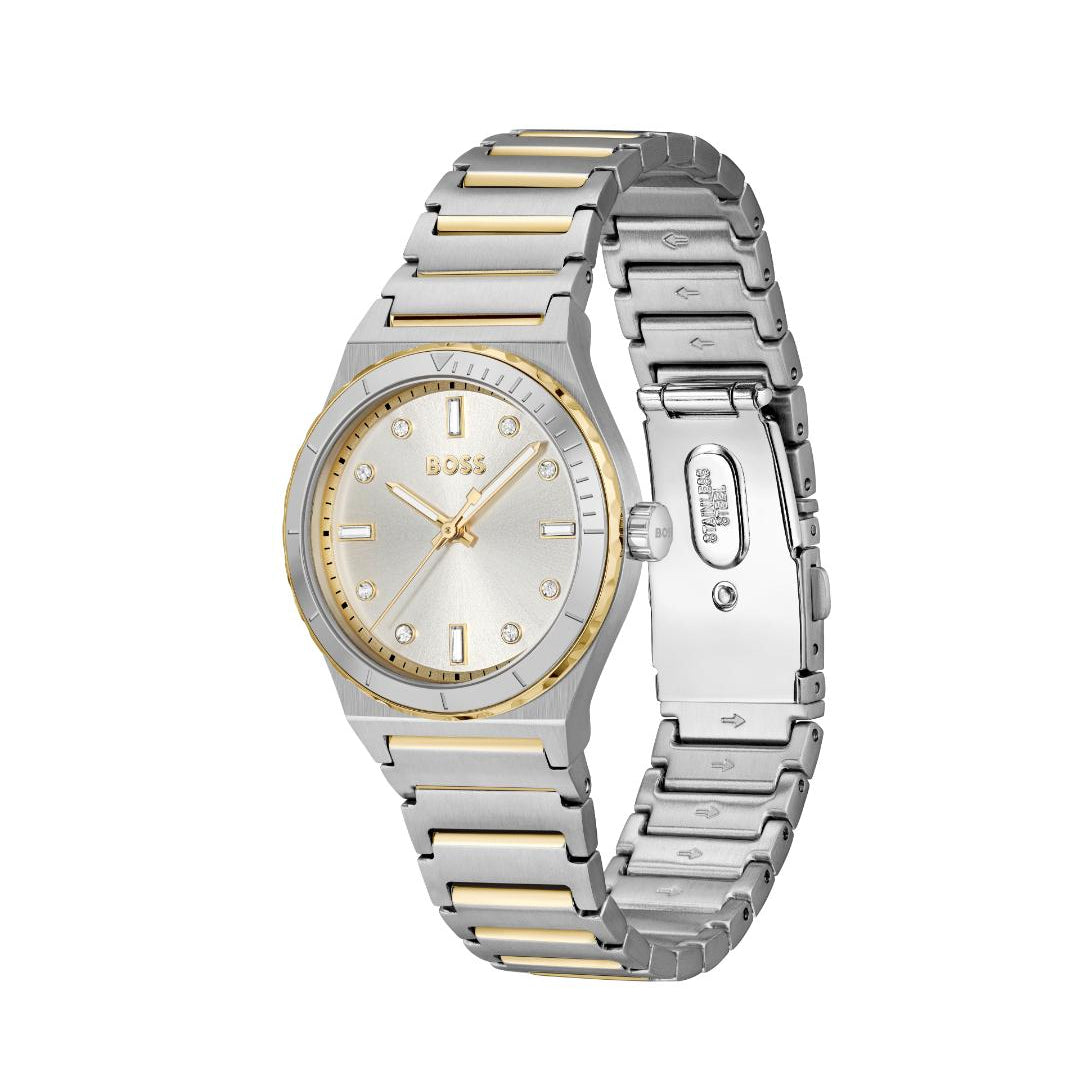 A Hugo Boss women's two-tone metal watch with a silver and gold link bracelet, a silver case, and a white dial with gold accents, shown on a plain white background.