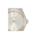 A Hugo Boss men's watch featuring a two-tone silver and gold stainless steel case, a silver dial with gold hands and markers, and crystal hour markers.