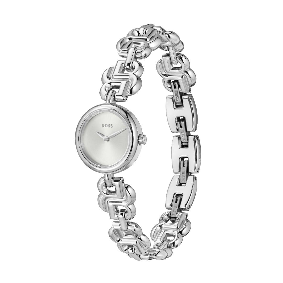 A silver-tone women's watch by Hugo Boss with a distinctive interlocking link bracelet and a white dial.