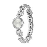 A silver-tone women's watch by Hugo Boss with a distinctive interlocking link bracelet and a white dial.