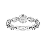 Silver-tone BOSS watch band with a round dial and interlocking link design, shown from the back on a white background.