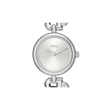 A silver-tone BOSS watch with a round silver dial and matching silver links, shown against a plain white background.