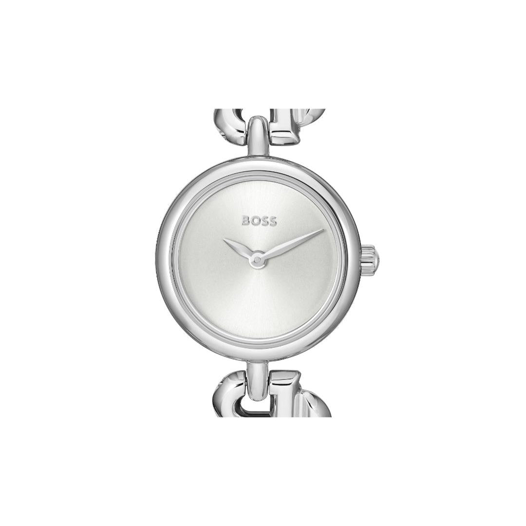 A silver-tone BOSS watch with a round silver dial and matching silver links, shown against a plain white background.