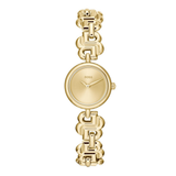 A gold-tone BOSS women's watch with a round dial and a distinctive interlocking link bracelet, shown against a plain white background.