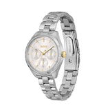 A Hugo Boss men's analog watch with a silver stainless steel link bracelet, a white dial with gold-tone hands and markers, and three sub-dials.