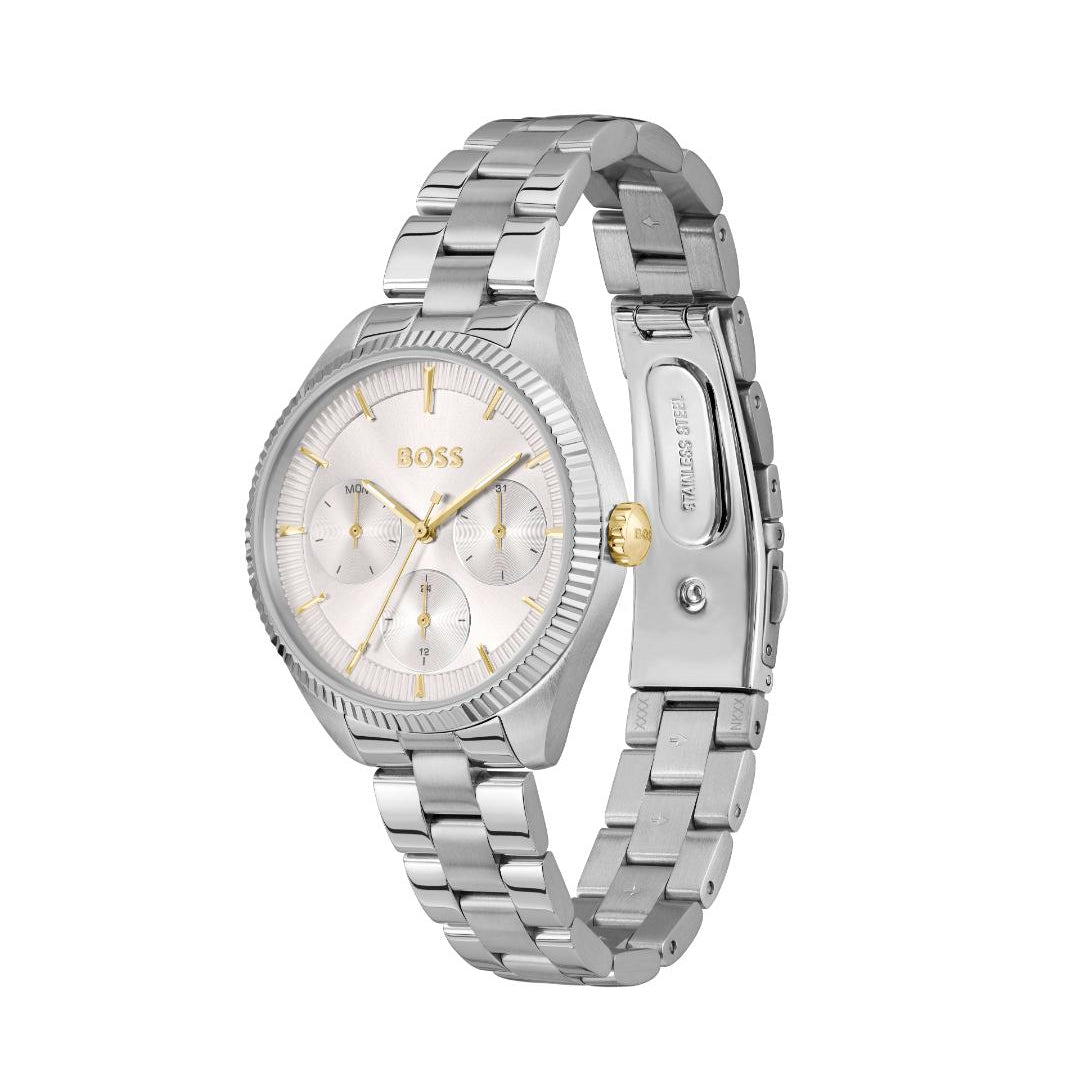 A Hugo Boss men's analog watch with a silver stainless steel link bracelet, a white dial with gold-tone hands and markers, and three sub-dials.