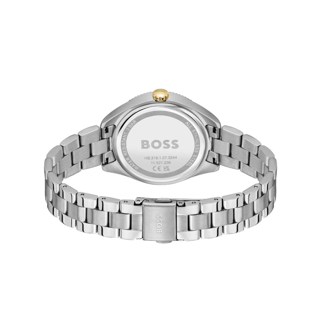 The back view of a silver stainless steel watch with a matching metal link bracelet, featuring a gold crown accent and a BOSS logo on the case back, set against a plain white background.