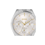 A BOSS watch with a silver-tone stainless steel case, a white dial with gold accents, and three subdials, shown against a plain white background.