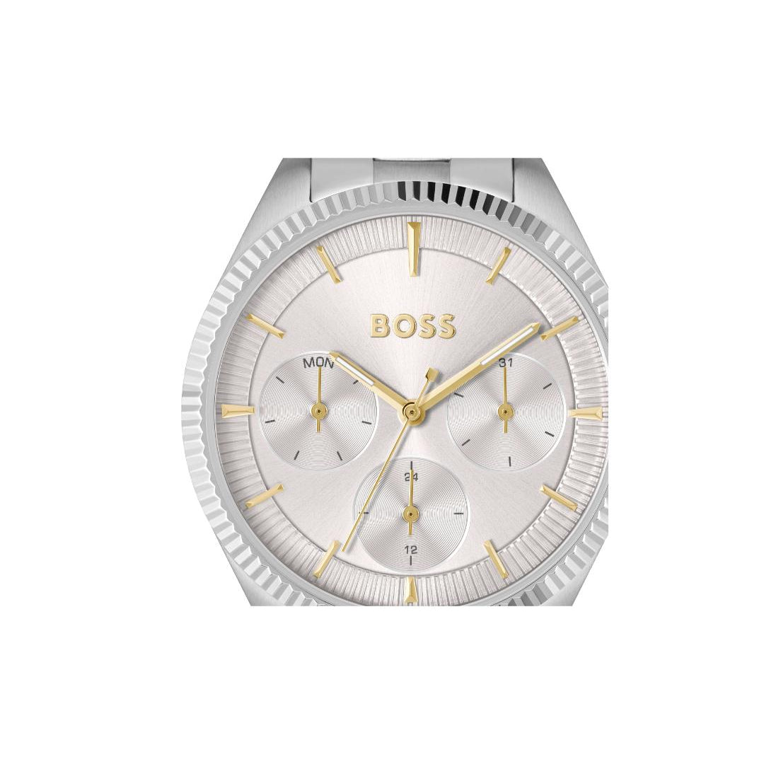 A BOSS watch with a silver-tone stainless steel case, a white dial with gold accents, and three subdials, shown against a plain white background.
