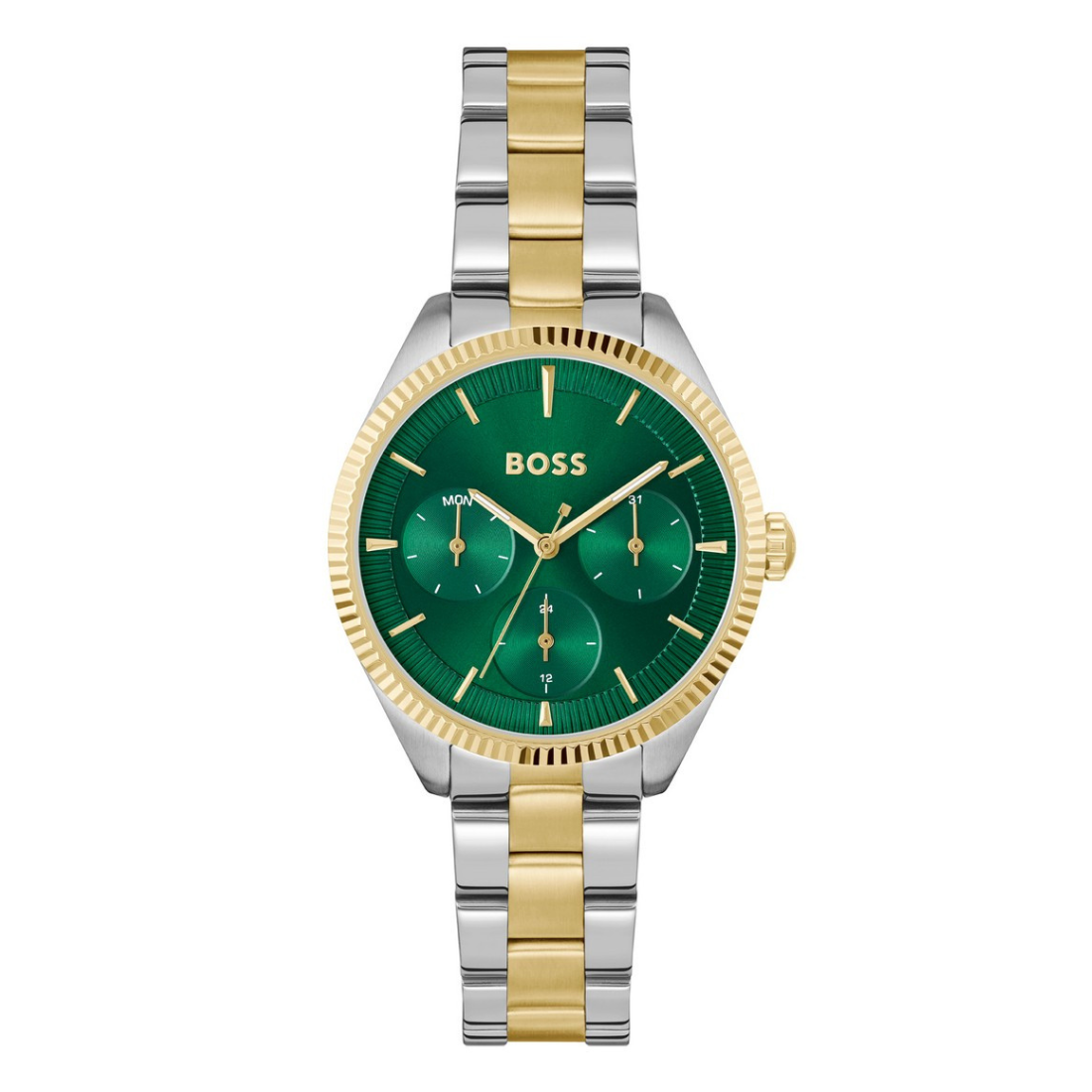 Two-tone silver and gold watch with a green dial on a white background