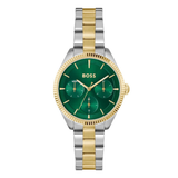 Two-tone silver and gold watch with a green dial on a white background