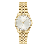 A gold-tone BOSS watch with a round silver dial, crystal hour markers, and a matching gold-tone metal link bracelet, shown against a plain white background.