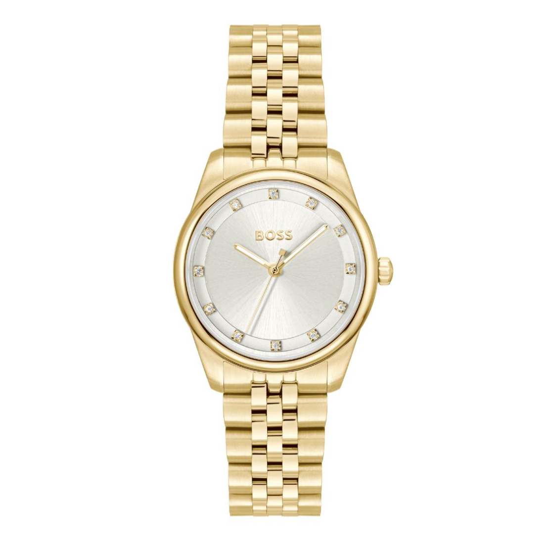 A gold-tone BOSS watch with a round silver dial, crystal hour markers, and a matching gold-tone metal link bracelet, shown against a plain white background.