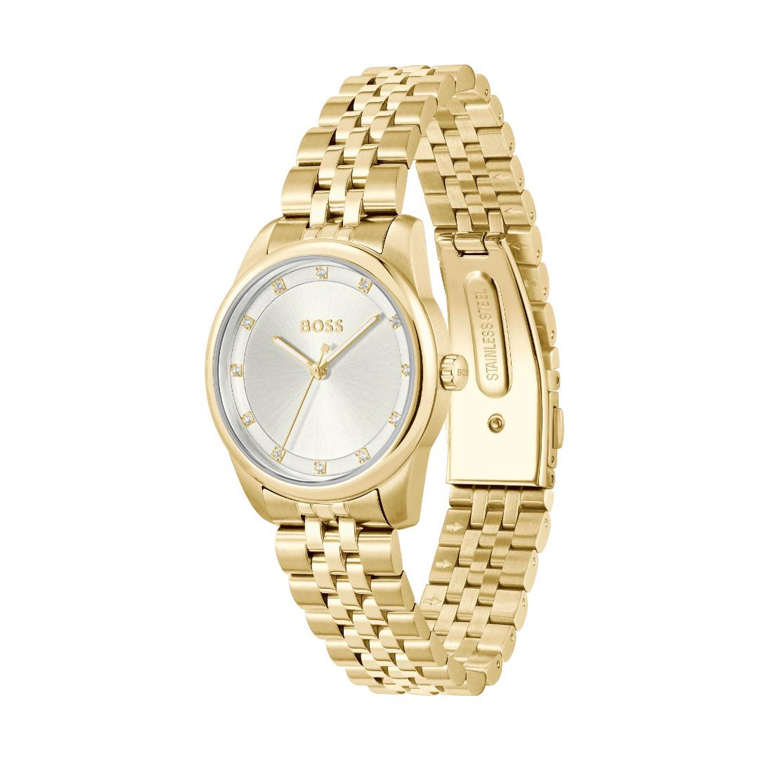 A gold-tone Hugo Boss watch with a silver dial and matching gold-tone metal link bracelet, shown on a plain white background.