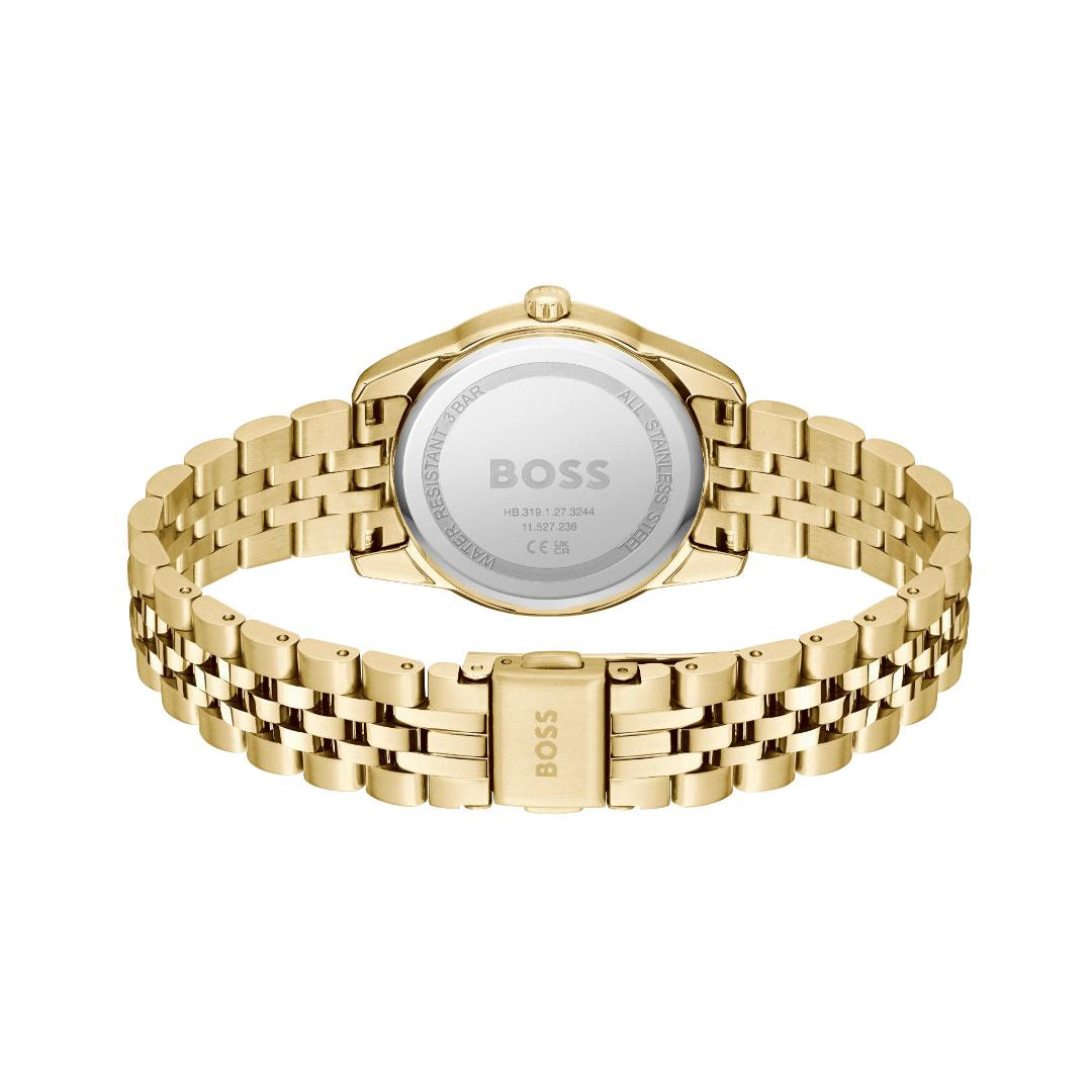 Gold-tone BOSS watch with a metal link bracelet, shown from the back on a clean white background.