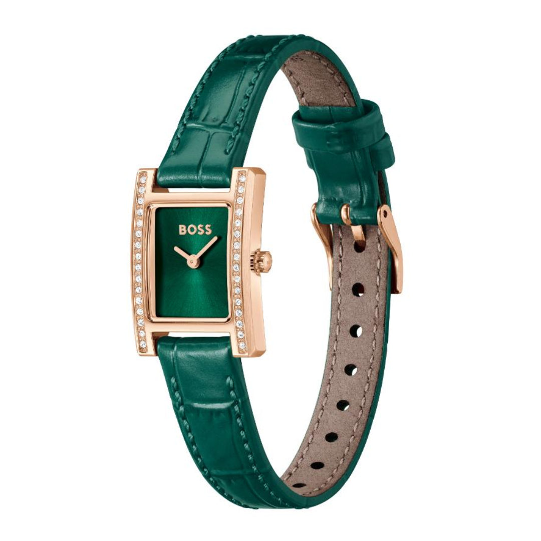 A BOSS women's watch featuring a green leather strap, a green dial with gold-tone hands, and a rose gold rectangular case accented with small clear crystals.