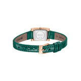 A HUGO BOSS watch with a green leather strap and a rose gold case, shown from the back on a plain white background.